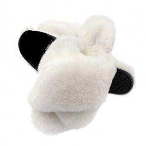 Fluffy White Faux Fur Criss Cross Slippers | Cozy Soft Indoor House Slides